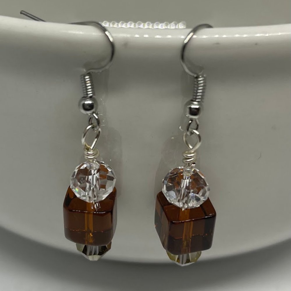 Brown Cube & Crystal Earrings